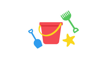 Colorful Beach Toys: Bucket, Shovel, Rake, and Star Mold © Bufallo