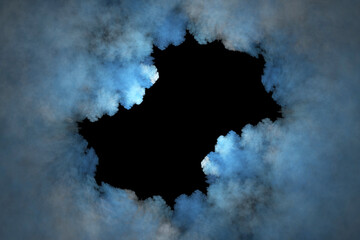 Abstract blue smoke or cloud frame with copy space on isolated black background. © Effecter