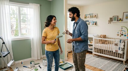 Obraz premium Happy young couple laughing while painting nursery room with sage green color, holding paint roller and brush in bright natural light, preparing home for new baby, DIY renovation concept