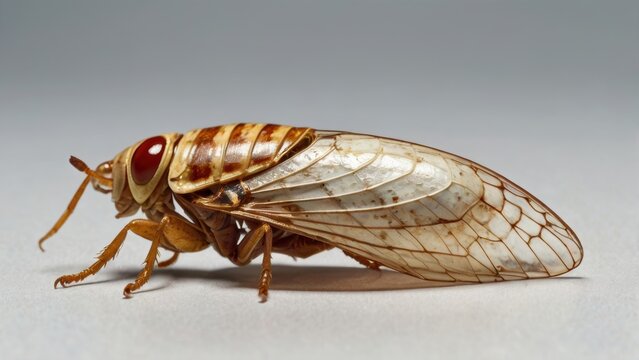 Isolated empty cicada exoskeleton, golden-brown translucent shell on pure white background