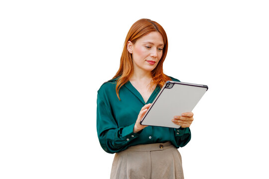 Redhead woman using a digital tablet for work, business professional analyzing data, managing tasks, working remotely