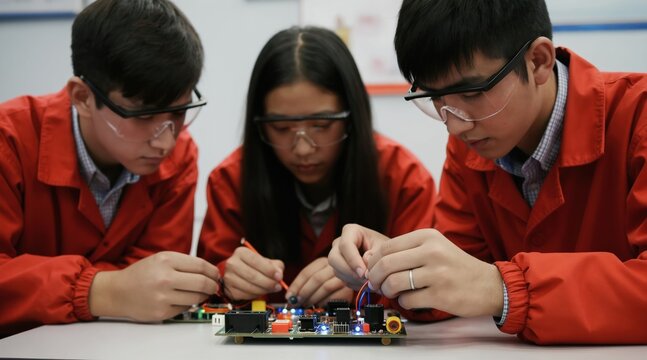 Three students in red coats and safety glasses focus on an electronics project at a table. They are building a circuit board, learning together, and developing technical skills in a lab.