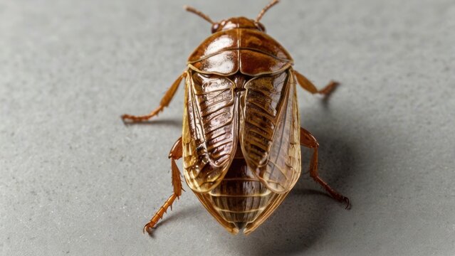 Isolated golden-brown cicada exoskeleton shell on pure white background, detailed macro view
