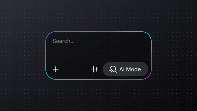 Search bar interface with AI mode button on dark background. Digital software UI design with voice command and creative tool icons. Modern web application navigation concept element.