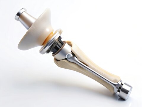 Isolated knee prosthetic joint component with metallic rod and plastic condyle, high-detail medical implant