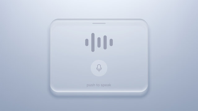 Voice interface button with sound wave and microphone icon. Neumorphic design digital ui element for smartphone application. Artificial intelligence sound recording for smart assistant technology.