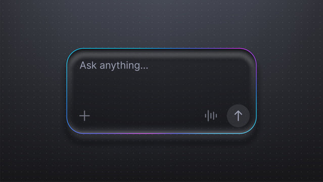 Artificial intelligence search bar with glowing neon border on dark background. Chatbot interface design element for web application. Modern user interface for digital virtual assistant.