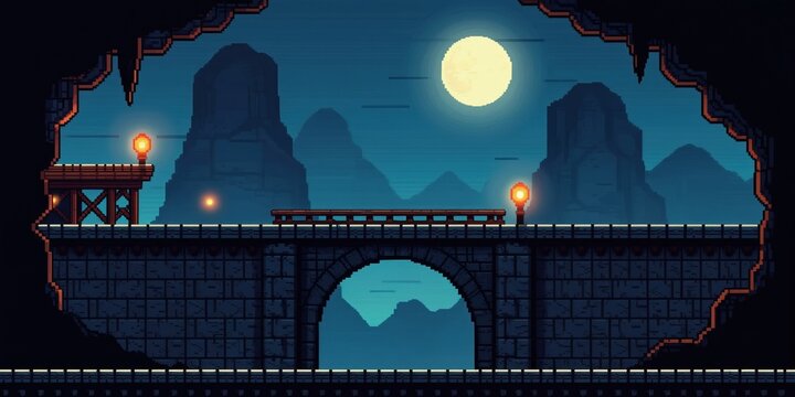 Pixelated retro game level with stone bridge over arch. Mountains and full moon in background. Orange lamps light dark cave path. Classic 8 bit adventure.