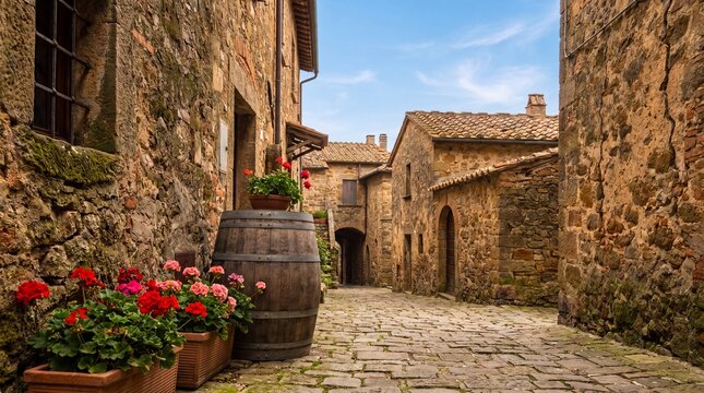 A beautiful, narrow cobblestone street in an old historic village in Tuscany, Italy, featuring stone walls, traditional architecture, and blooming geraniums.