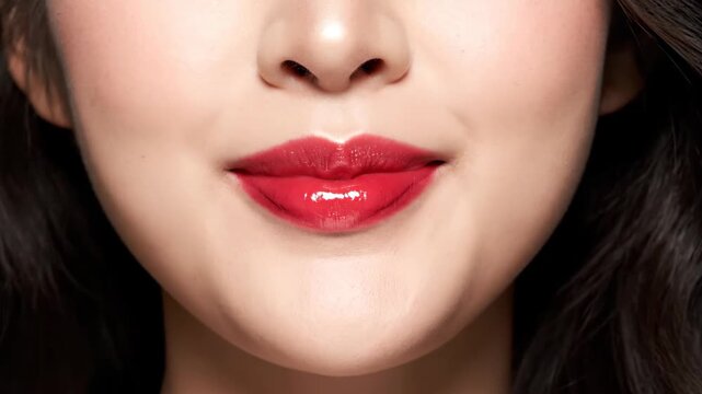 Female red lip close-up material, red lip close-up expression changes