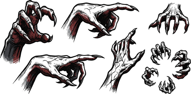 Horror Monster Hand Collection with Sharp Claws Zombie Fingers Creepy Gestures and Dark Halloween Vector Illustration Set