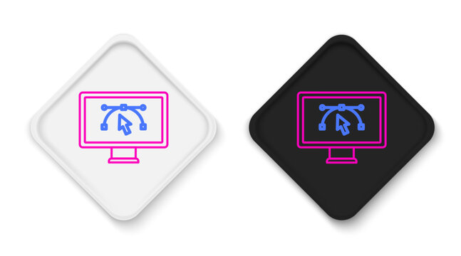 Line Computer display with vector design program icon isolated on isolated on white background. Photo editor software with user interface. Colorful outline concept. Vector