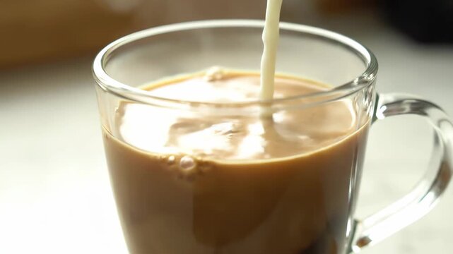 Pour coffee ingredients into a glass and milk into hot coffee close-up