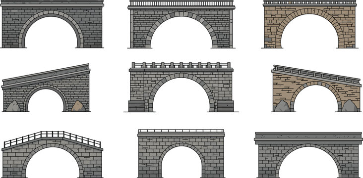 Stone Arch Bridge Collection with Masonry Structures Historic Architecture Elements and Detailed Brickwork Vector Illustration Set