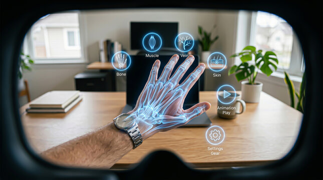 Advanced digital biometric scanning utilizing luminescent blue vector skeletal frameworks and floating haptic UI controls via immersive headset optics