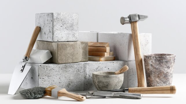 Raw stone blocks and masonry tools arranged for artisan carving, hammers and chisels resting on workbench, dust and stone chips, tactile textures of marble and granite slabs, rugged industrial studio