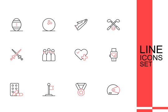 Set line Racing helmet, Medal, Flag, Sports doping with dumbbell, Smart watch heart, Heart rate, Bowling and Fencing icon. Vector