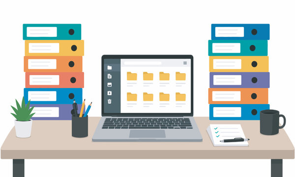 A flat vector scene of an organized office desk containing an open laptop displaying folder structures, flanked by two tall stacks of colorful ring binders, notes, and a coffee mug.