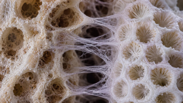 Fascinating macro view showing delicate collagen fiber bridging between natural host bone and porous coral derived surgical graft material for medical tissue repair