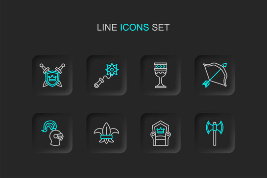 Set line Medieval poleaxe, throne, Fleur de lys or lily flower, helmet, bow and arrow, goblet, Mace with spikes and Shield swords icon. Vector