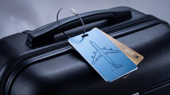 Close-up of a black travel suitcase featuring a blue brushed metal airplane luggage tag and an exclusive gold status frequent flyer card.