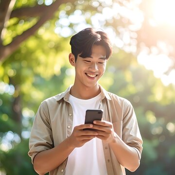 Young man with phone outside