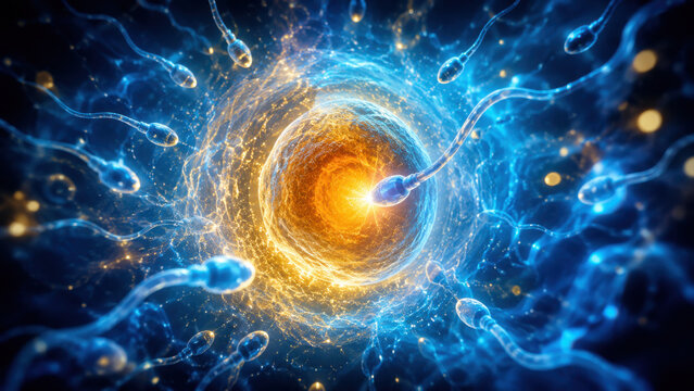 Hopeful blue and gold artistic illustration of fertilization. Glowing sperm swim toward central ovum in dynamic show of energy, representing conception and reproduction for fertility awareness