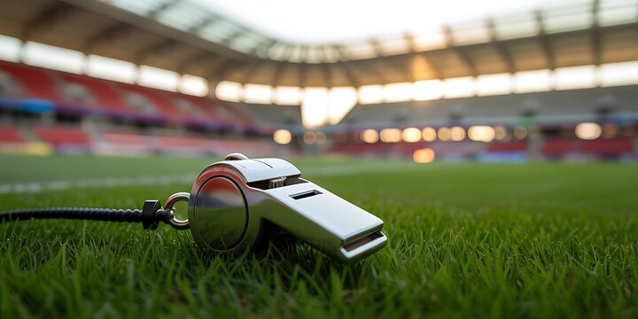 Shiny silver referee whistle rests on the lush green grass of a vibrant sports stadium pitch