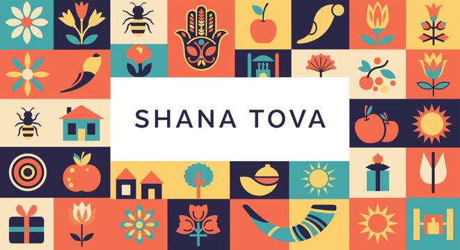 Colorful Jewish New Year greeting card for Shana Tova featuring a grid of traditional symbols like apples, honey, and a shofar horn.