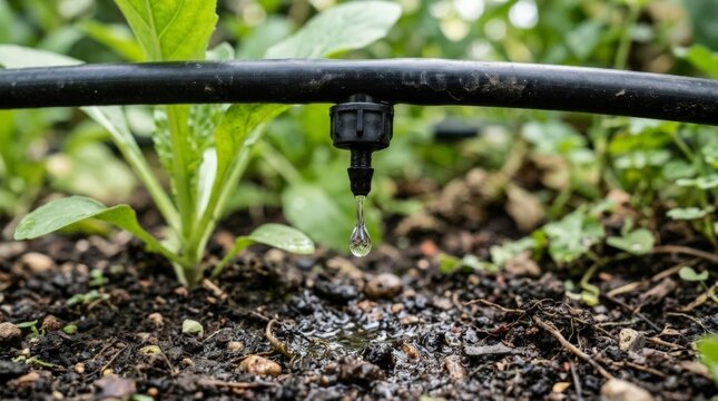 Close up of drip irrigation emitter dripping water onto moist soil.
