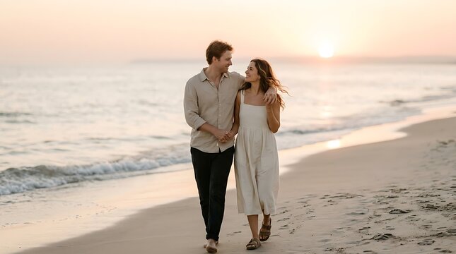 Romantic couple enjoying a sunset stroll on a sandy beach, with the ocean waves gently lapping the shore