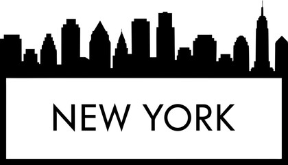 Fototapeta premium Vector illustration of New York skyline black silhouette framing “NEW YORK” text, on white background, modern urban design, minimalist travel and city branding concept