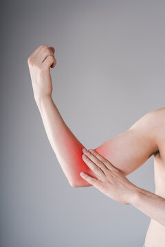 Diseases of the elbow joint, bone fracture and inflammation, man suffering from pain in cubit