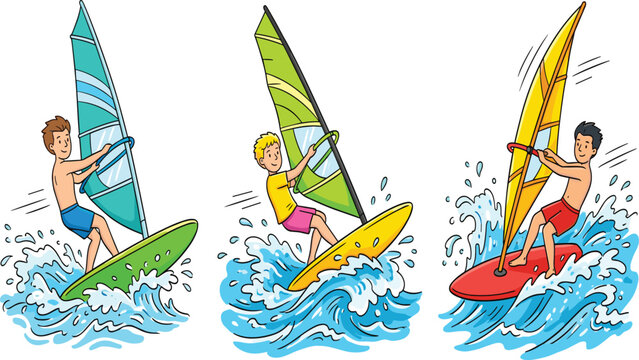 Cartoon Windsurfing Men Collection &ndash; Water Sports Characters Clipart Set