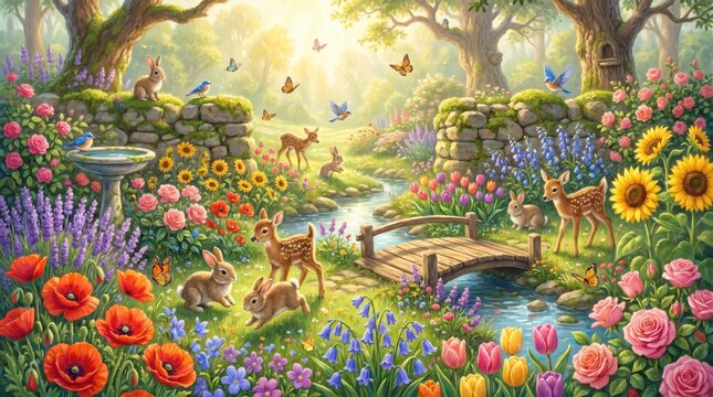 Whimsical fairytale garden illustration with deer and rabbits among vibrant spring flowers, a wooden bridge over a flowing stream under warm magical sunlight, perfect for nursery wall art