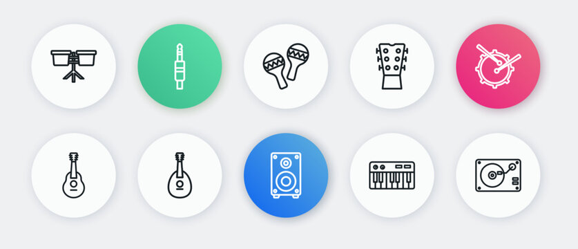 Set line Stereo speaker, Drum with drum sticks, Guitar, Music synthesizer, neck, Maracas, Vinyl player vinyl disk and Mandolin icon. Vector