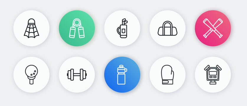 Set line Fitness shaker, Crossed baseball bat, Golf on tee, Boxing glove, Sport bag, with clubs, Stopwatch and Dumbbell icon. Vector