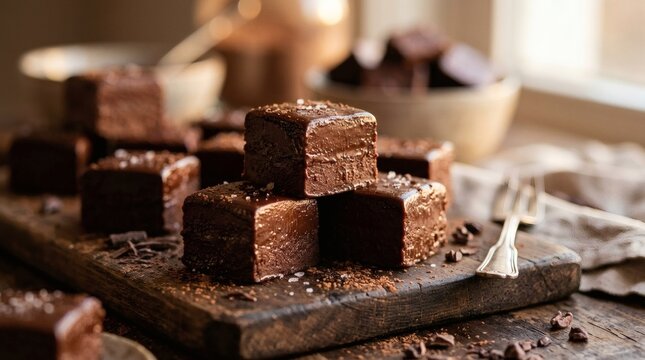 Freshly Cut Homemade Chocolate Fudge Pieces on Rustic Wooden Board in Warm Kitchen Light perfect for National Fudge Day