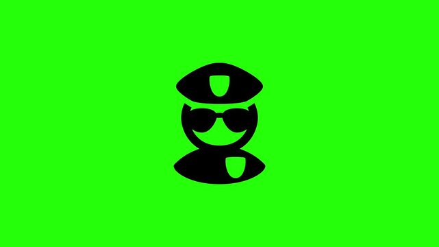 High definition 4K horizontal clip of a security police officer law enforcement agent avatar wearing a visor cap sunglasses bouncing. Dynamic popup element for emergency cop safety presentation.