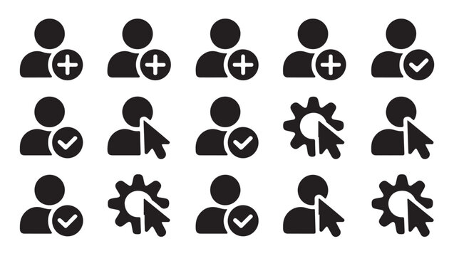 Set of black user account icons with plus sign checkmark cursor gear and pointer elements.
