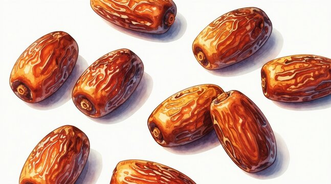 Watercolor illustration of pitted dates scattered on white background. Hand-painted fruit artwork with detailed texture, perfect for healthy eating or organic food themes.