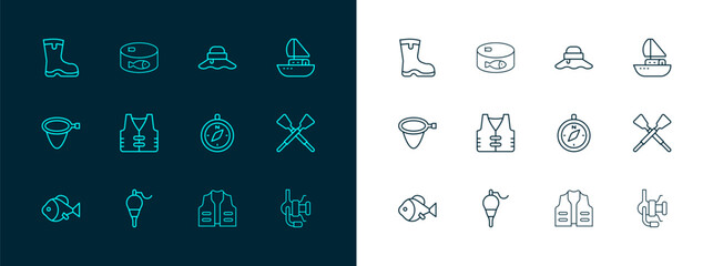 Set line Yacht sailboat, Fishing float, Compass, jacket, Fisherman hat, boots and Canned fish icon. Vector © Iryna