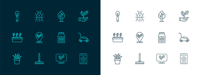 Set line Leaf in hand, Garden rake, Pack full of seeds, Location with leaf, Tree, trowel spade or shovel and Colorado beetle icon. Vector © Iryna