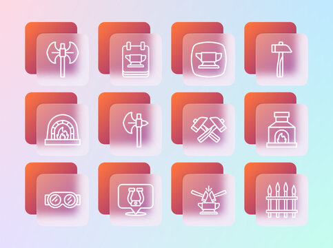 Set line Hammer, Horseshoe, Crossed hammer, Anvil and, Medieval axe, Blacksmith anvil tool, poleaxe and icon. Vector