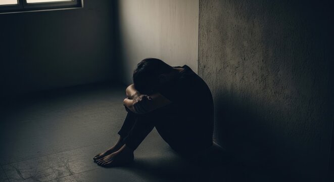 A lonely person sits in a dark empty room head bowed in despair.