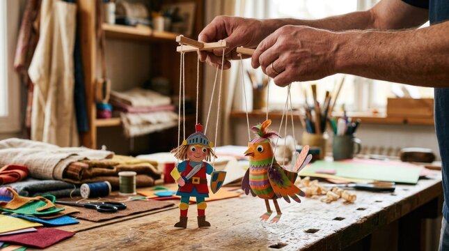 A man manipulates colorful knight and bird puppets on a tabletop while crafting toys, creating a playful artistic atmosphere for performance and storytelling.