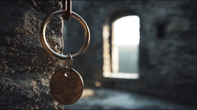Rusty ring with blank tag hangs on ancient stone wall, sunlit interior