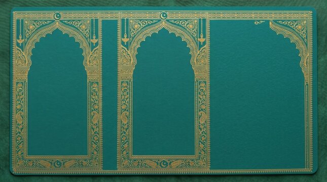 Luxurious Emerald Green Islamic Invitation Background with Intricate Golden Moorish Arches and Ornate Arabesque Patterns Ideal for Ramadan Kareem Eid Mubarak and Elegant Muslim Wedding Cards