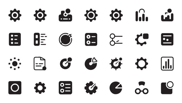 Comprehensive settings icon pack featuring gear wheels data charts and control board tools.
