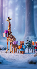 Obraz premium Whimsical animals carrying gifts through a snowy forest, symbolizing festive holiday cheer and the spirit of giving, perfect for Christmas themes
